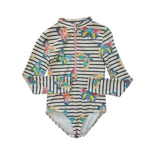 Boden Bathing Swim Suit Girl's Youth 8-10 Striped Butterfly Zip Up Rash Guard